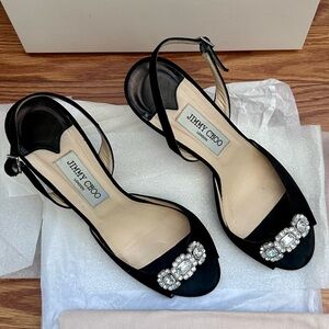 Jimmy Choo Regal Satin Black Slingback Pumps w Crystal Embellishments, Size 39.5